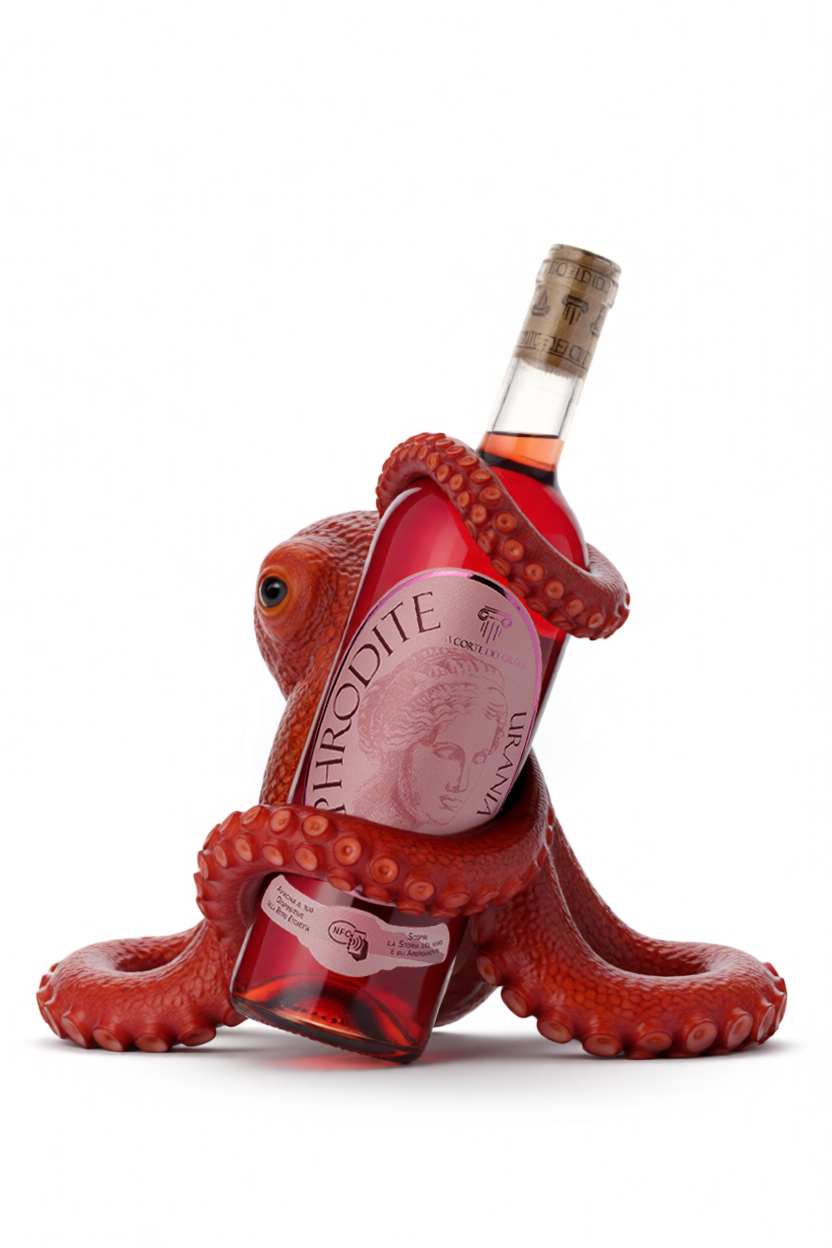 Luca Corsetti Studio - La Corte dei Greci, Aphrodite Urania Rosé, concept ibrido con polpo che abbraccia la bottiglia